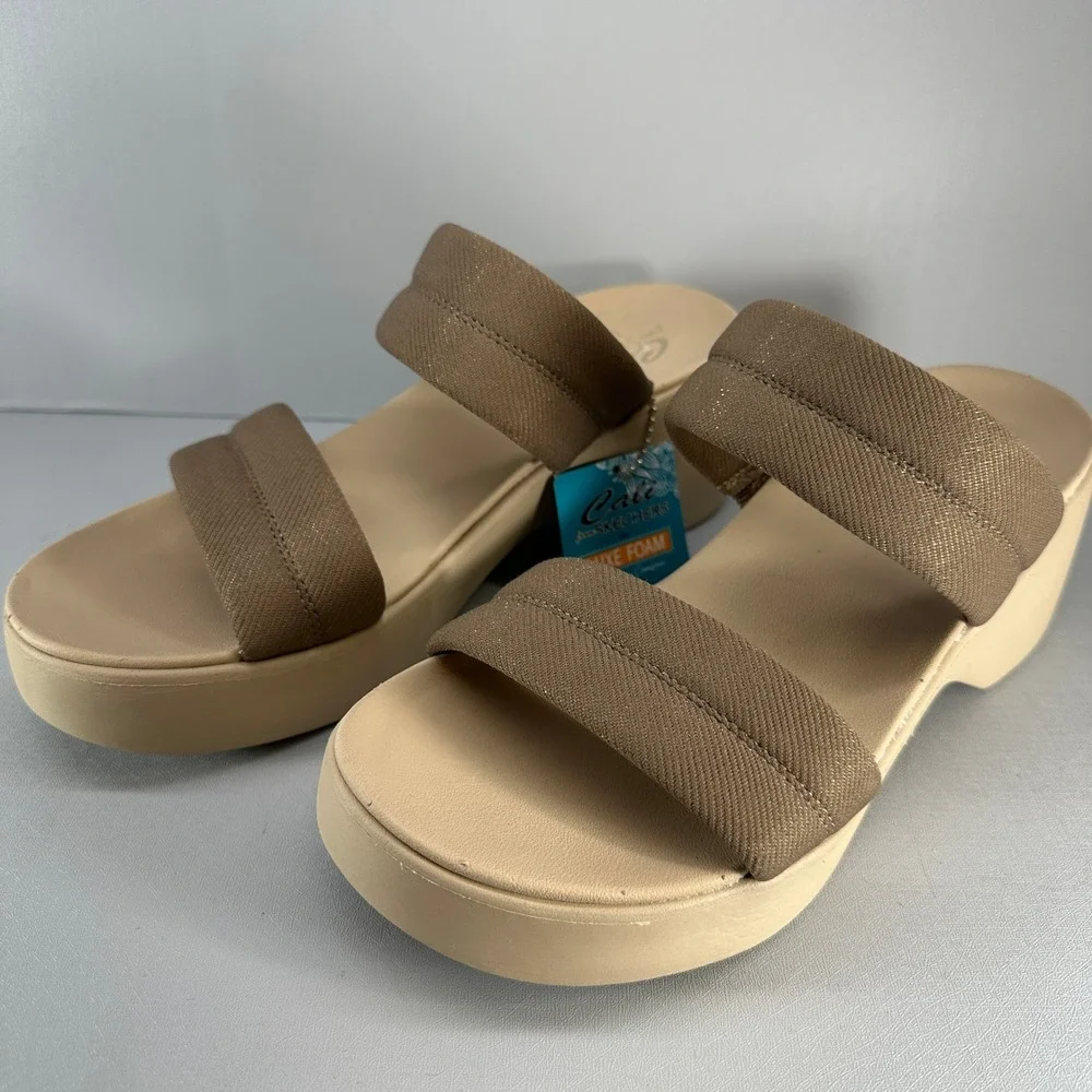 Skechers Sandals Women 10 Mocha‎ Brown Platform Wedge Luxe Foam Slide NEW 119415